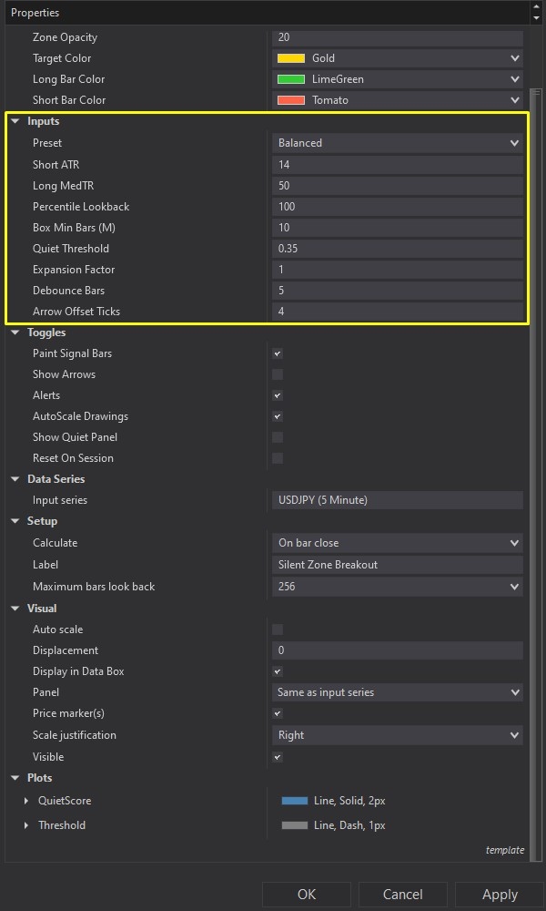 Silent Zone Breakout - NinjaTrader 8 Indicator customizing parameters screenshot 4