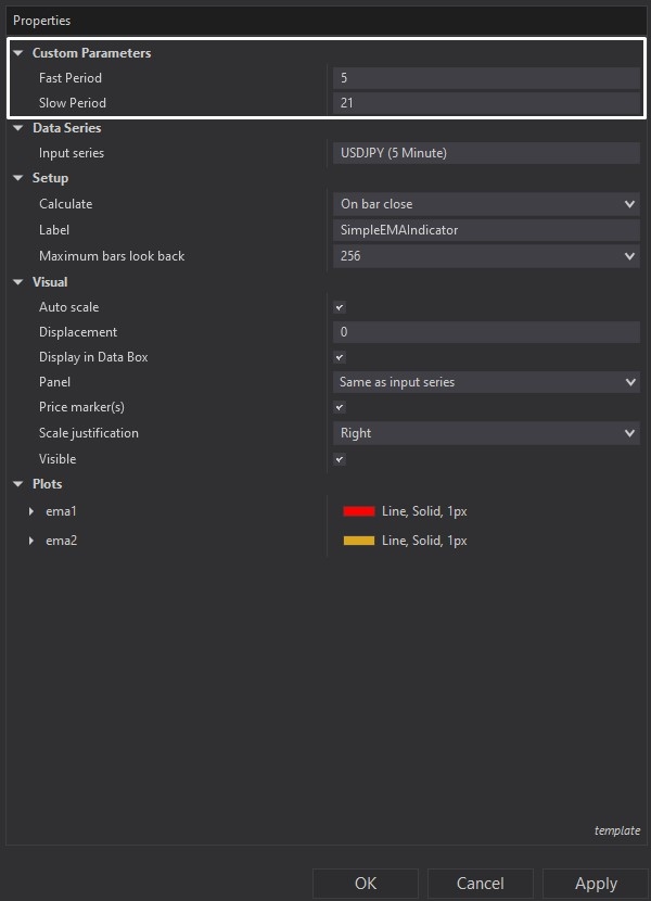 Simple EMA Indicator for NinjaTrader 8 product screenshot customisable parameters