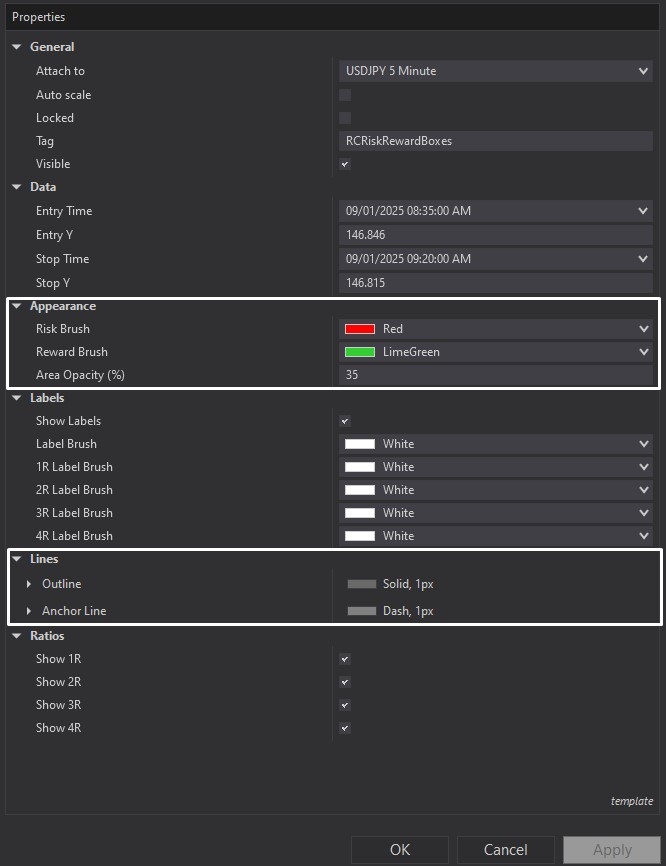 Risk Reward Boxes - NinjaTrader 8 Drawing Tool screenshot 3 customizing parameters