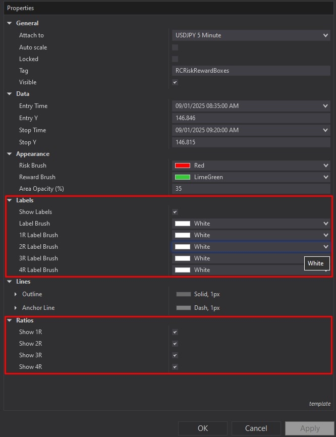 Risk Reward Boxes - NinjaTrader 8 Drawing Tool screenshot 4 customizing parameters