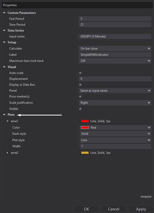Simple EMA Indicator for NinjaTrader 8 product screenshot customisable parameters 2