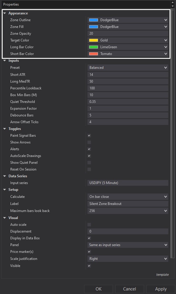 Silent Zone Breakout - NinjaTrader 8 Indicator customizing parameters screenshot 2