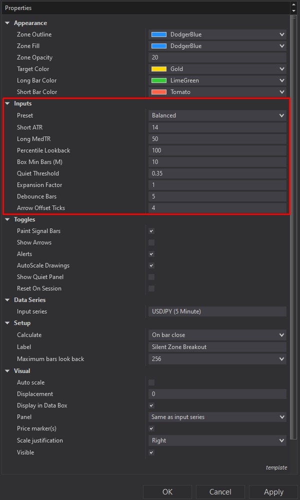 Silent Zone Breakout - NinjaTrader 8 Indicator customizing parameters screenshot 3