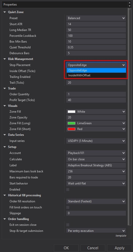 Adaptive Breakout Strategy (ABS) - NinjaTrader 8 Strategy customizing parameters screenshot 5