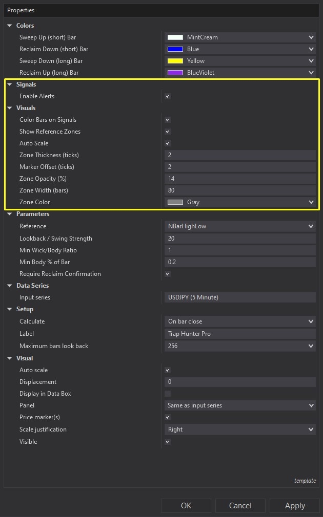 Trap Hunter Pro - NinjaTrader 8 Indicator customizing parameters screenshot 4