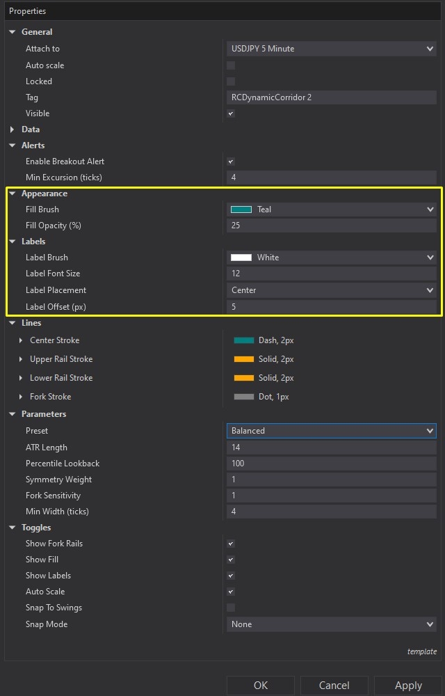 Dynamic Corridor - NinjaTrader 8 Drawing Tool customizing parameters screenshot 4