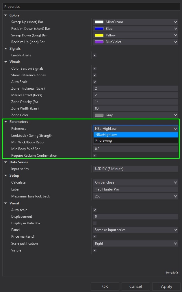 Trap Hunter Pro - NinjaTrader 8 Indicator customizing parameters screenshot 5