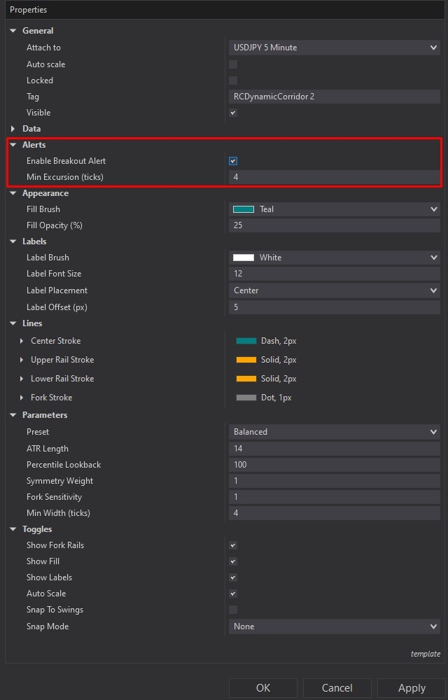 Dynamic Corridor - NinjaTrader 8 Drawing Tool customizing parameters screenshot 2