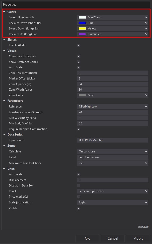 Trap Hunter Pro - NinjaTrader 8 Indicator customizing parameters screenshot 3