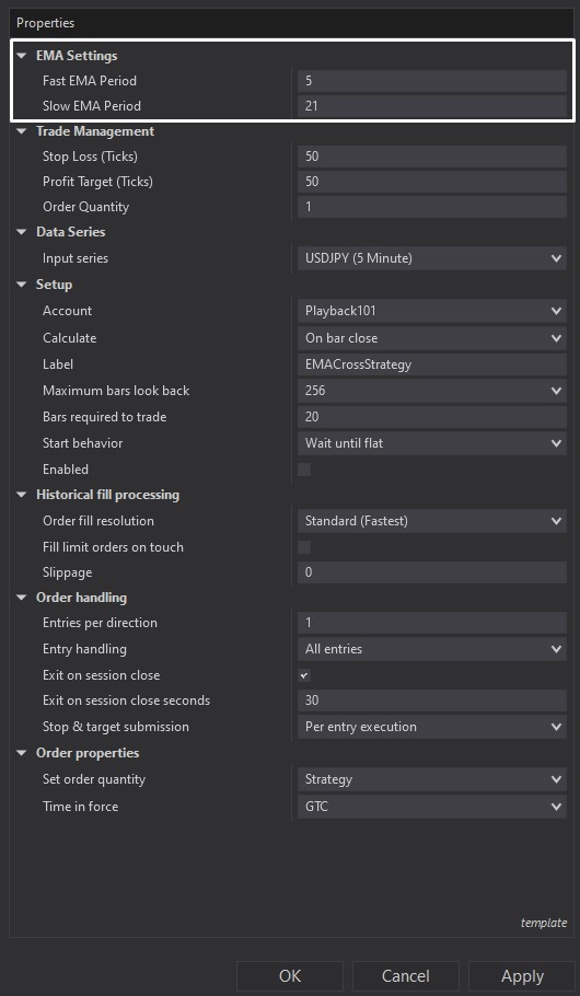 EMA Cross Strategy for NinjaTrader 8 screenshot 2