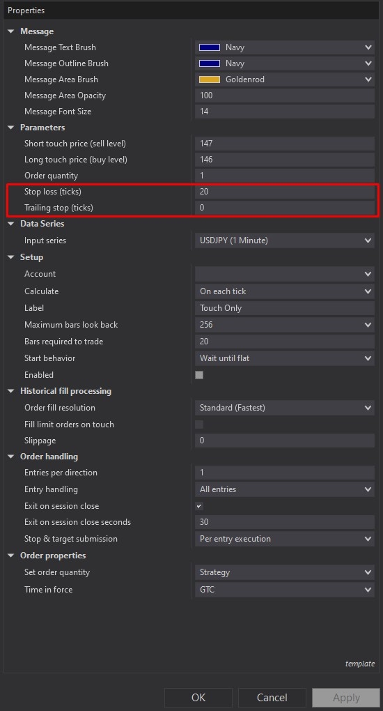 Touch Only - Strategy for NinjaTrader 8 customizing parameters screenshot 3
