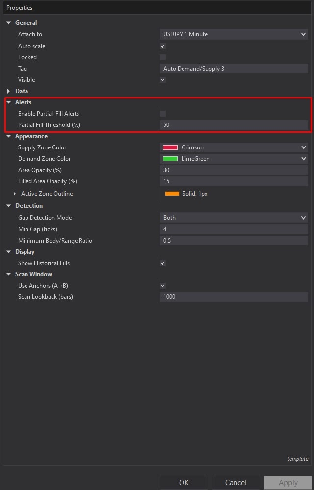 Auto Demand/Supply - NinjaTrader 8 Drawing Tool customizing parameters screenshot 2