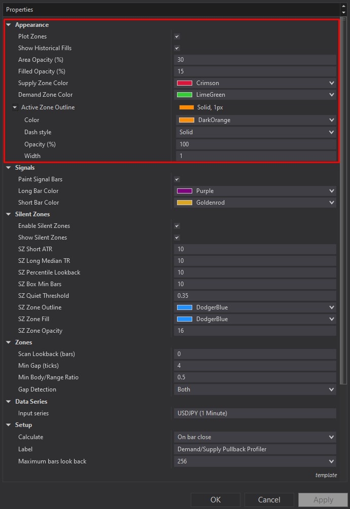 Demand/Supply Pullback Profiler - NinjaTrader 8 Indicator customizing parameters screenshot 3