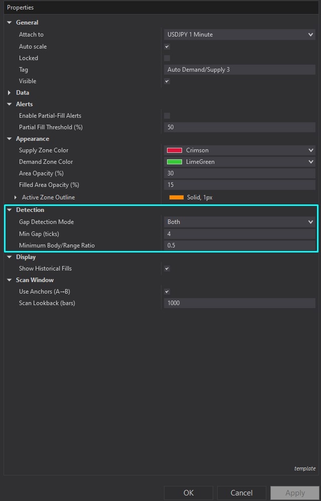 Auto Demand/Supply - NinjaTrader 8 Drawing Tool customizing parameters screenshot 3
