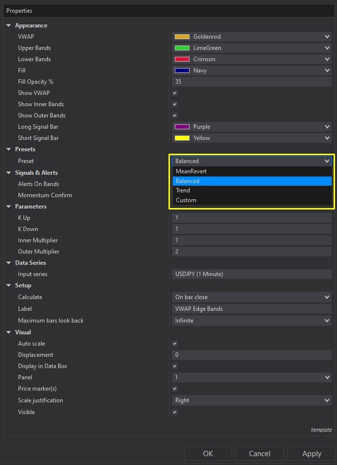 VWAP Edge Bands - NinjaTrader 8 Indicator customizing parameters screenshot 4