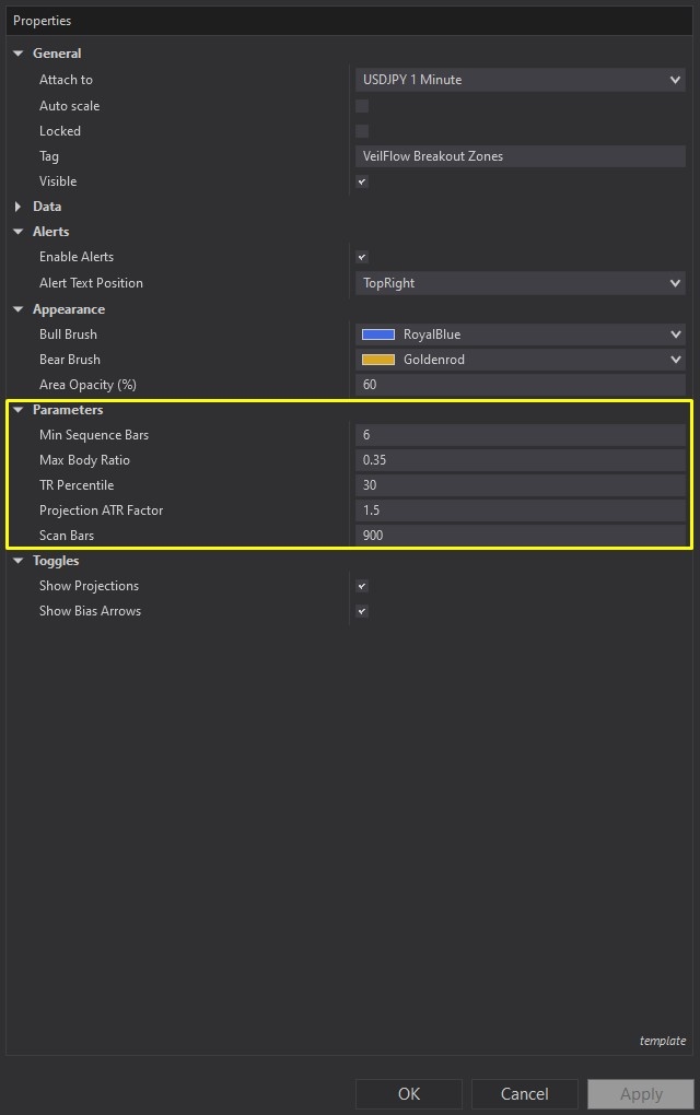 VeilFlow Breakout Zones - NinjaTrader 8 Drawing Tool Screenshot Customization 3