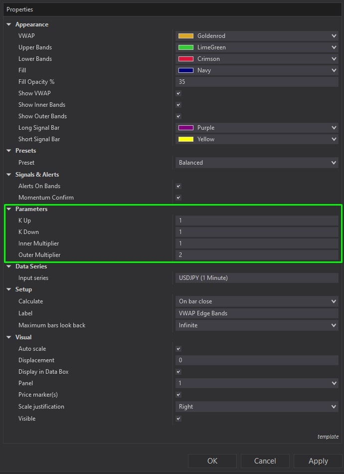 VWAP Edge Bands - NinjaTrader 8 Indicator customizing parameters screenshot 5