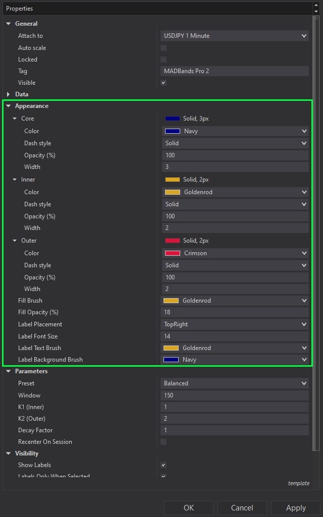 MADBands Pro - Drawing Tool for NinjaTrader 8 customizing parameters Screenshot 4