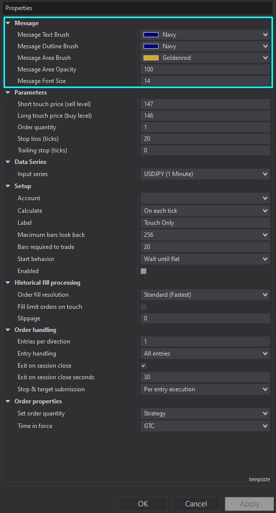 Touch Only - Strategy for NinjaTrader 8 customizing parameters screenshot 4