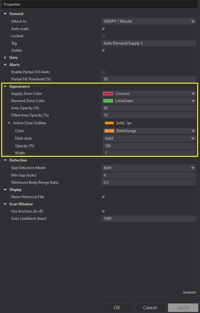 Auto Demand/Supply - NinjaTrader 8 Drawing Tool customizing parameters screenshot 4