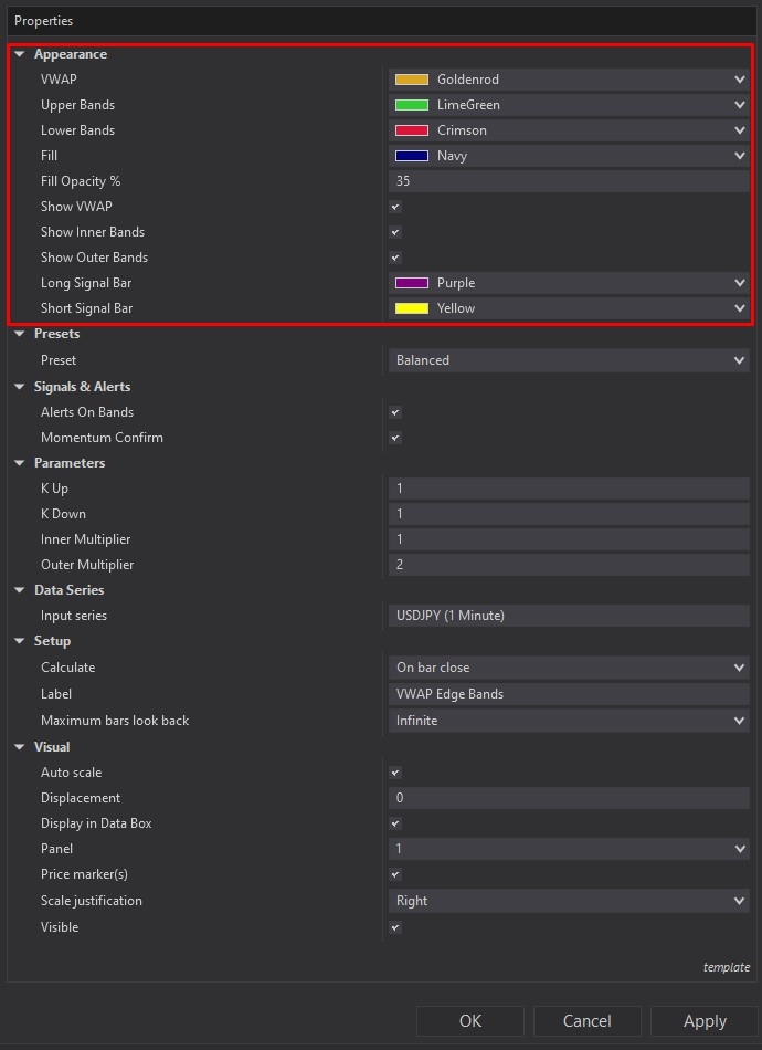 VWAP Edge Bands - NinjaTrader 8 Indicator customizing parameters screenshot 3
