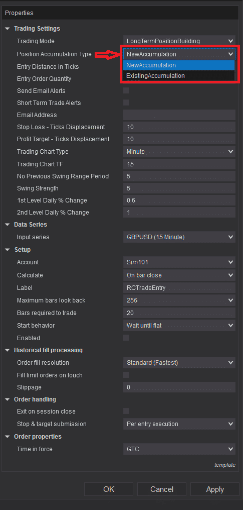 RCTrade Entry - Settings - Position Accumulation Type options