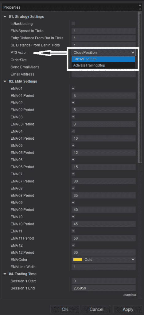 RCEMABounceStrategy - Settings PT3 action options