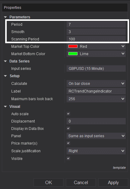 Trend Chage Indicator - Settings For Parameters